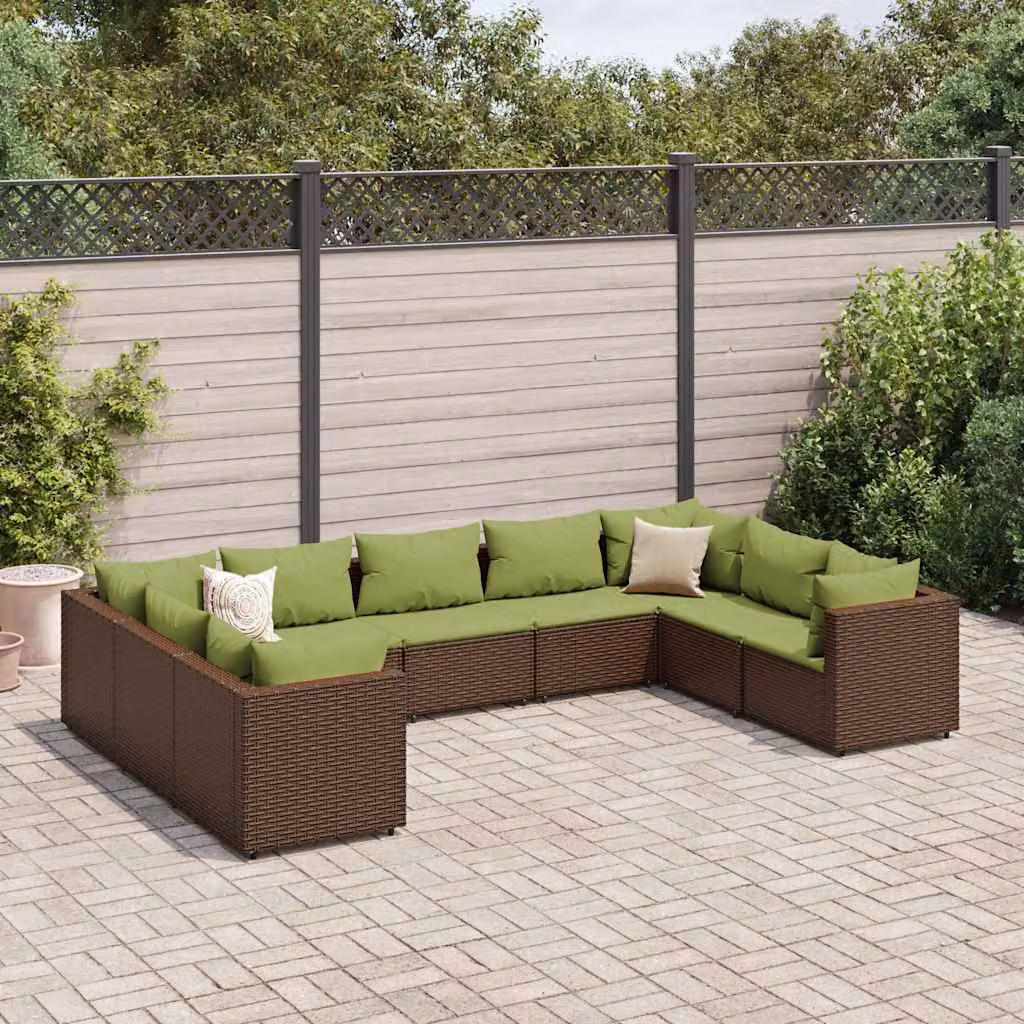 Set Divani da Giardino vidaXL 9 pz a Forma a L con Cuscini, Polyrattan e Struttura in Metallo, Marrone e Verde