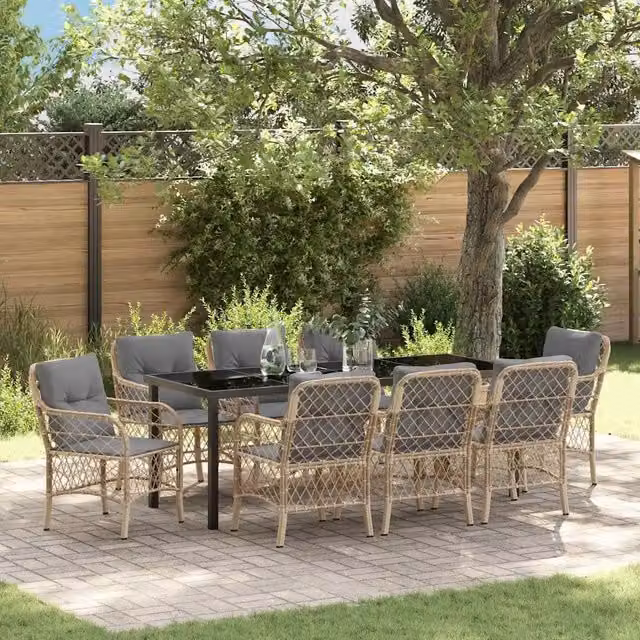 Set da pranzo da giardino moderno vidaXL in polyrattan beige con tavolo in vetro e 9 pezzi