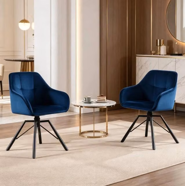 Set 2 sedie da pranzo ULEVR girevoli a 360¡ã con braccioli, velluto blu e gambe in metallo