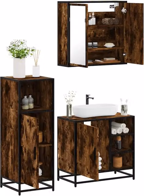 Set Mobili da Bagno 3 pz Rovere Fumo in Legno Multistrato 3300967