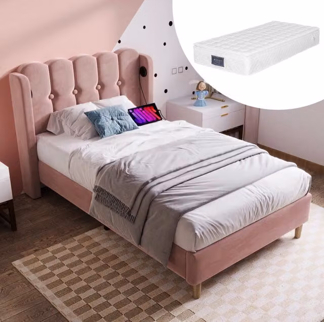 Letto imbottito in velluto rosa 90x200 cm con USB e Type-C