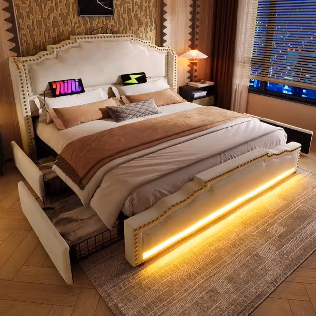 Letto contenitore matrimoniale OKWISH in velluto beige con 4 cassetti, illuminazione LED e porte USB e Tipo C, L/P: 160 x 200 cm