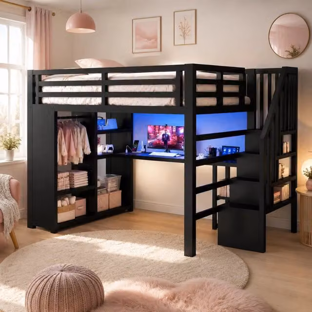 Letto a soppalco da gaming in metallo 140x200 cm con scrivania, LED, USB, armadio aperto, scala e vani portaoggetti nero