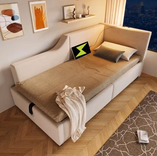 Letto da giorno imbottito 90x200 cm con contenitore idraulico; USB-C e lampada da lettura; velluto beige