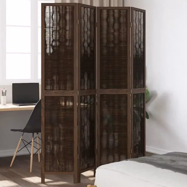 Divisorio Ambienti vidaXL a 4 Pannelli in Legno e Rattan Marrone Scuro