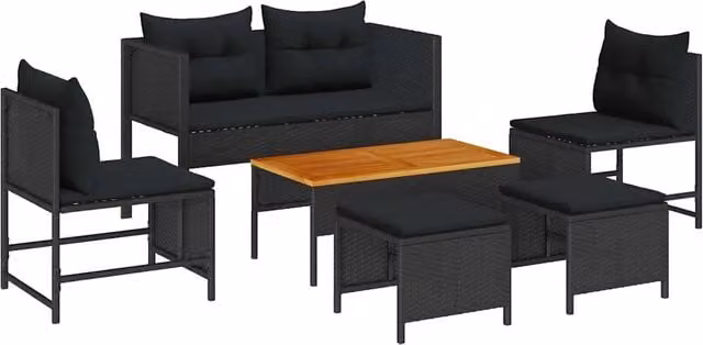 Set Divano da Giardino con cuscino 6 pz | Set Salotto da Giardino Nero polyrattan