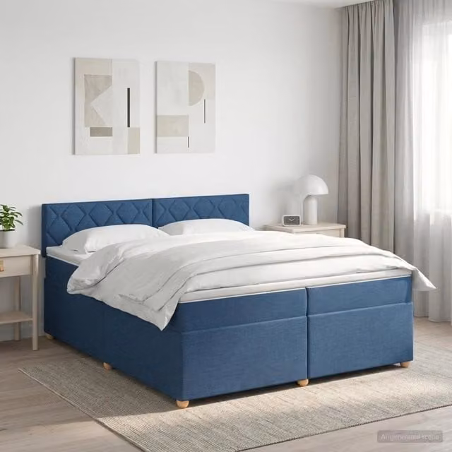 Letto box spring con materasso ibrido vidaXL in tessuto blu e bianco L/P/H: 200 x 200 x 88 cm