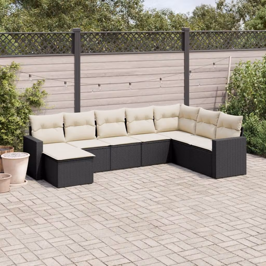 vidaXL Set Divani da Giardino a L con Cuscini 8 pz Nero e Bianco in Polyrattan e Acciaio – 1