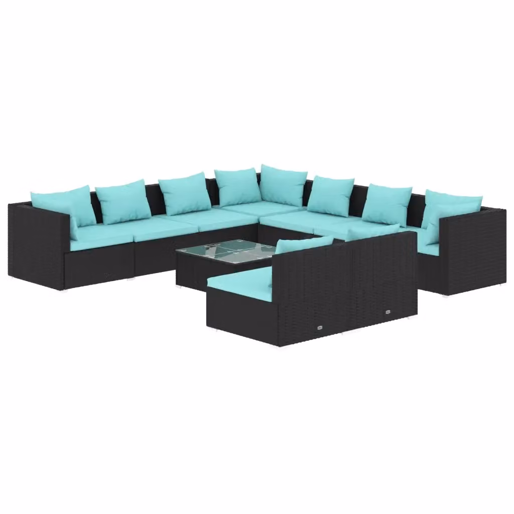 Set Salotto da Giardino Moderno vidaXL in Polyrattan Nero con Cuscini Blu e Tavolino da Caffè a Forma di L – 2