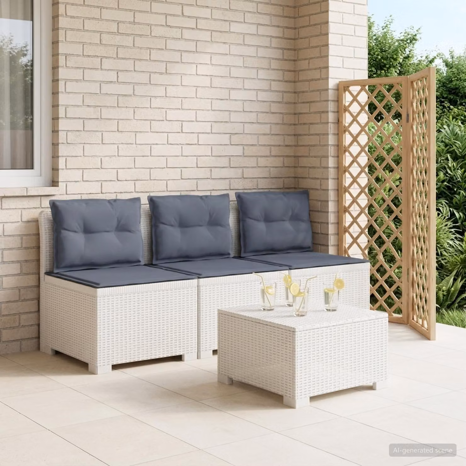 Divano da giardino a 3 posti vidaXL con cuscini in look rattan grigio e bianco