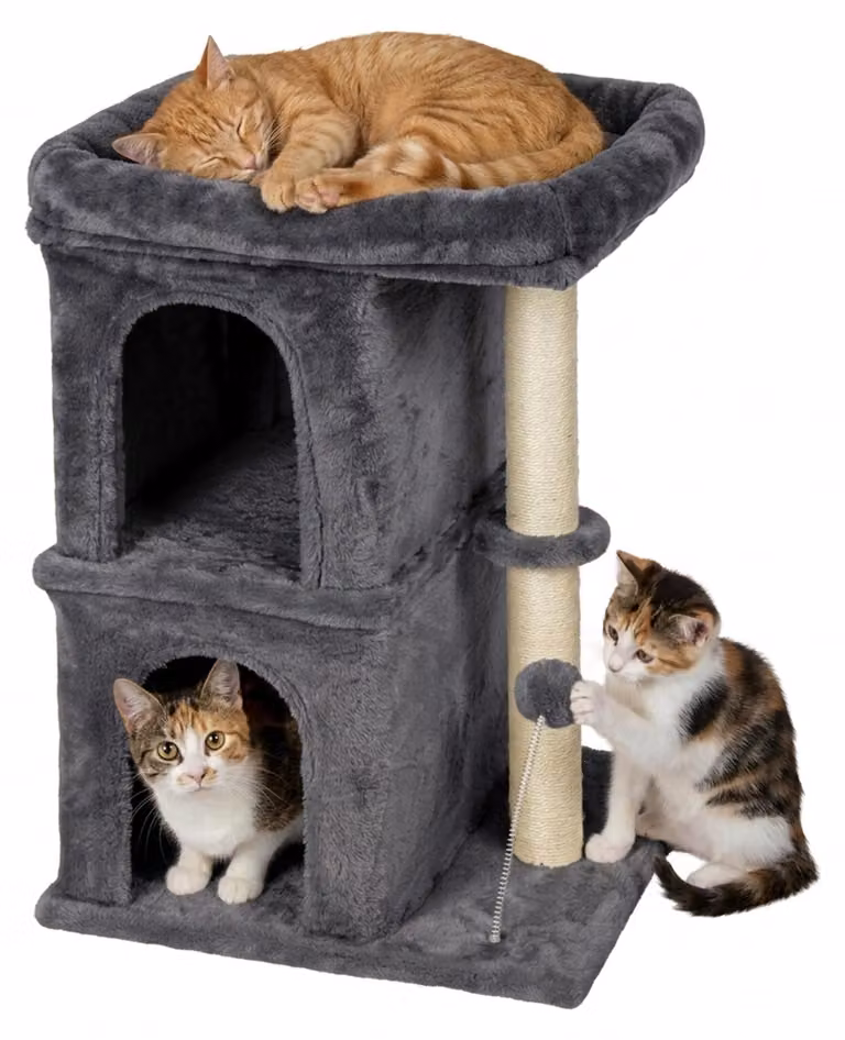 Albero per gatti Relaxdays, con 2 rifugi e giocattoli, rivestito in sisal, con area relax, rifugio per gatti, dimensioni: 71x46x40 cm, materiale morbido, colore grigio scuro