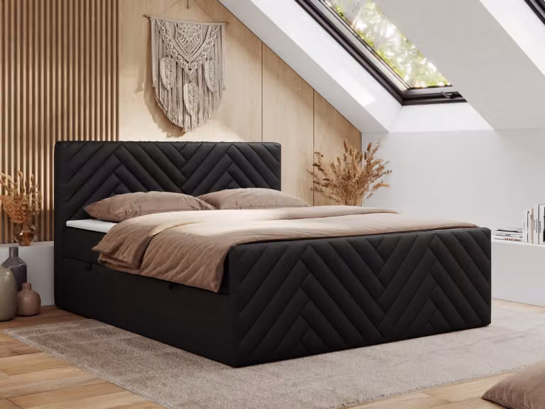 Letto boxspring MKS MEBLE 120x200 con contenitore e materasso H4 - Paris Duo - Pelle finta nera