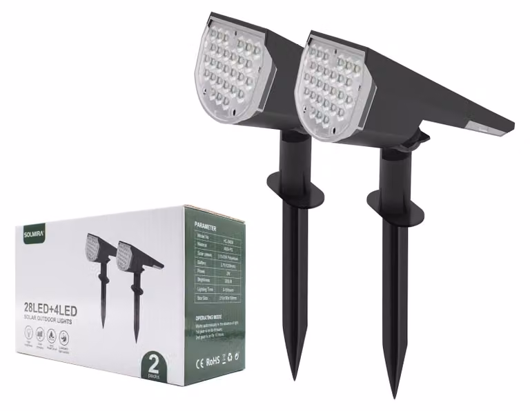 Set di 2 luci solari, con 32 LED, grado di protezione IP65, batteria da 1200 mAh, luminosità di 200 lumen