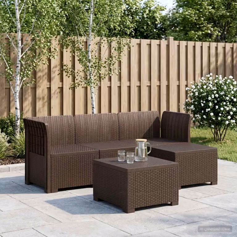 Divano da giardino angolare vidaXL a 4 posti in polyrattan marrone con cuscini inclusi