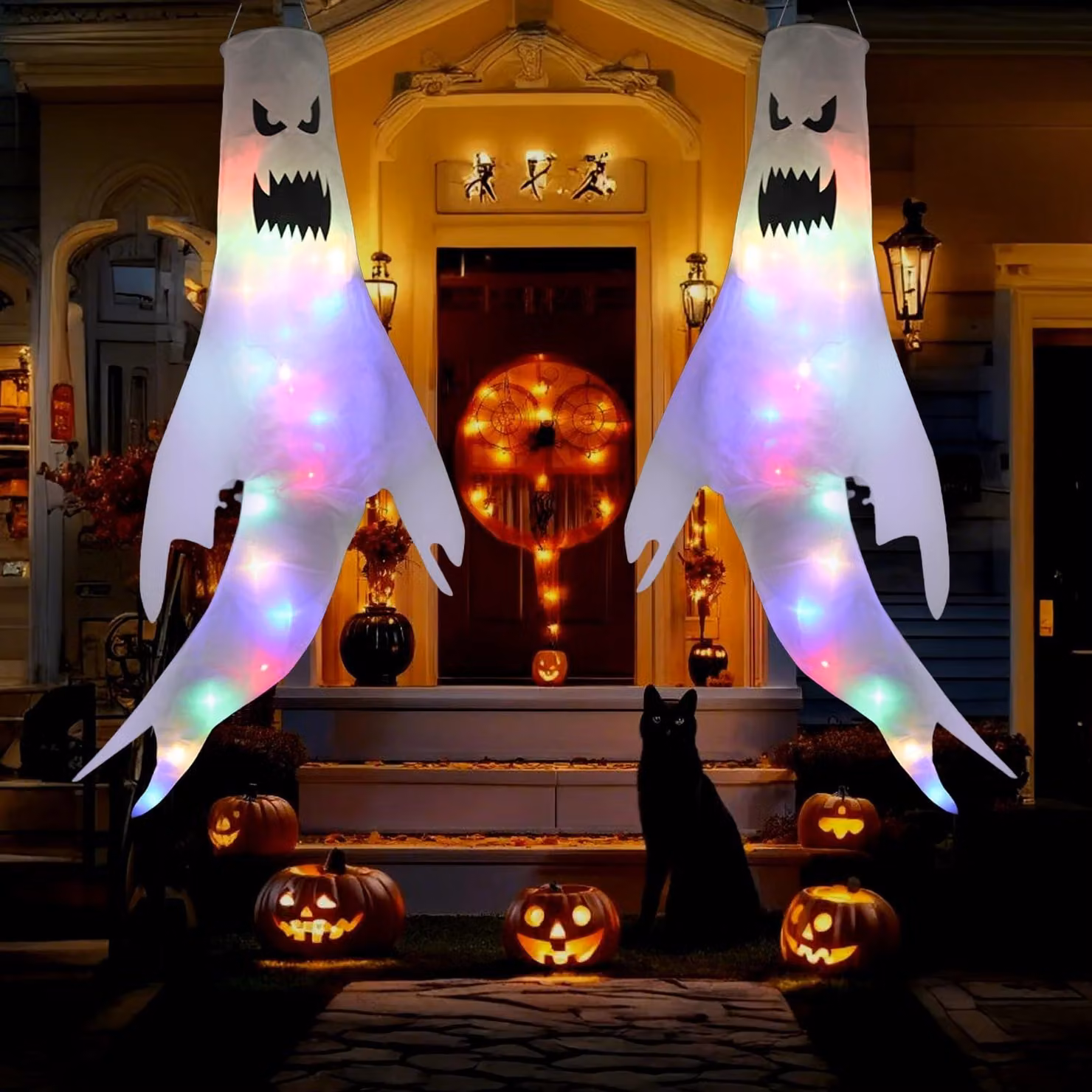 Set di 2 decorazioni per Halloween a forma di fantasma, con luci LED, in poliestere, dimensioni 120x60 cm
