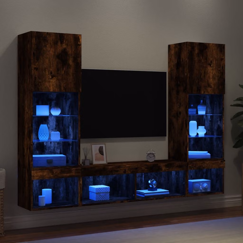 Mobile TV da parete vidaXL con illuminazione LED integrata in legno Rovere Fumo e finitura opaca