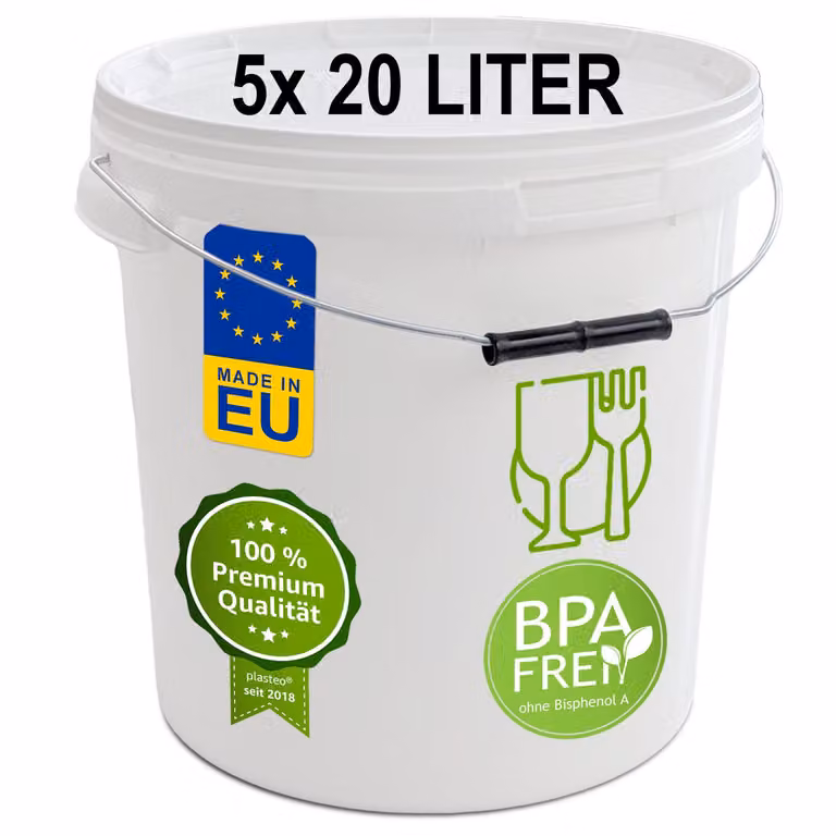 plasteo® 5x secchio da 20 litri con coperchio Secchio in plastica ermetico per alimenti Secchio in plastica Secchio vuoto Secchio da trasporto (5x 20 litri)