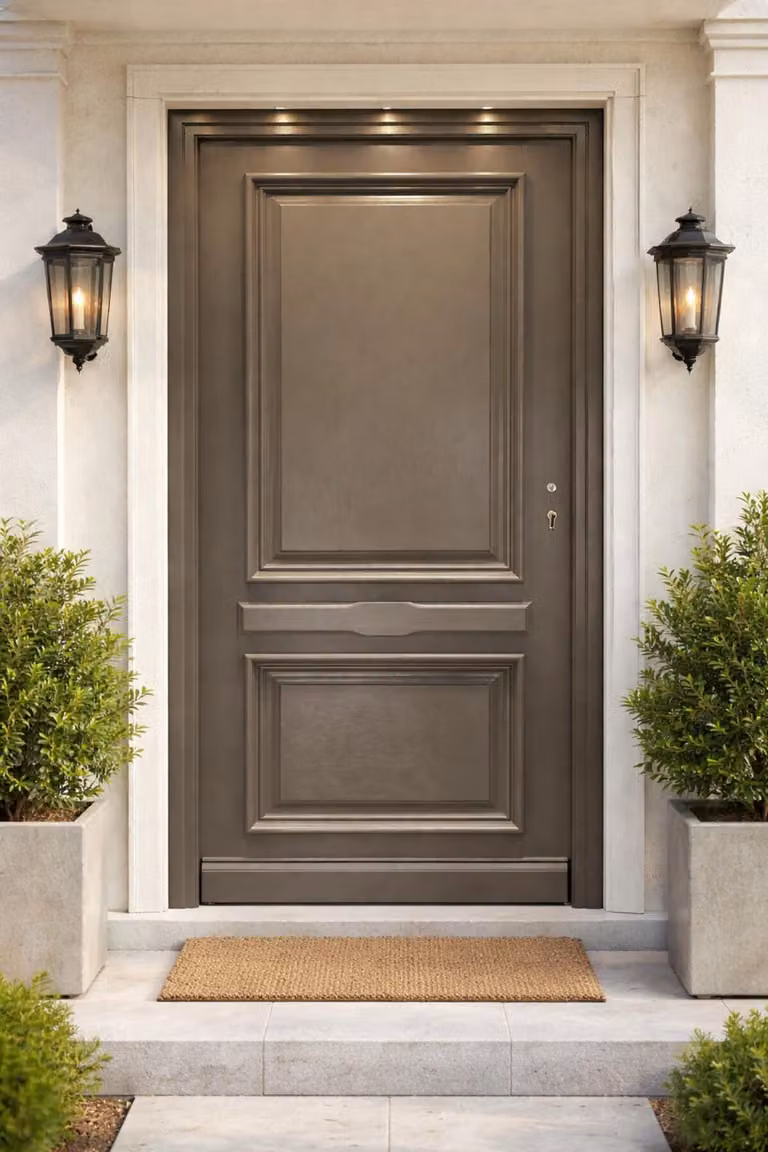 Porta d'ingresso in legno pieno Cassy grigio quarzo, H.215xL.90 cm, lato pannello P. sinistra, maniglia, cilindro grande, ferramenta
