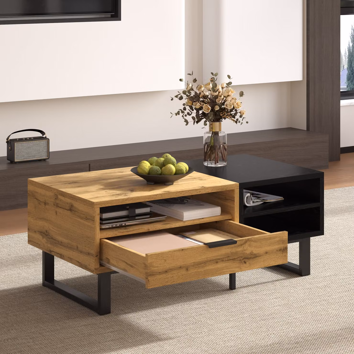 Tavolino Fortuna Lai 100 x 50 x 40 cm, tavolino da salotto con struttura a blocchi di colore, con scomparti e cassetti, gambe in metallo