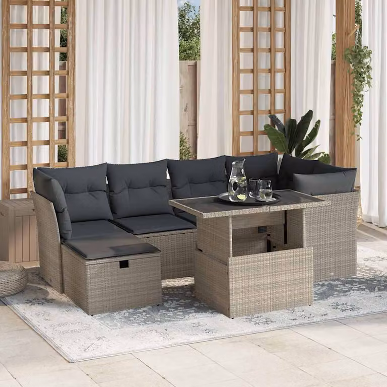 vidaXL Set Divani da Giardino 7pz a Forma di L con Cuscini Grigio con Tavolino e Pouf in Polyrattan e Metallo