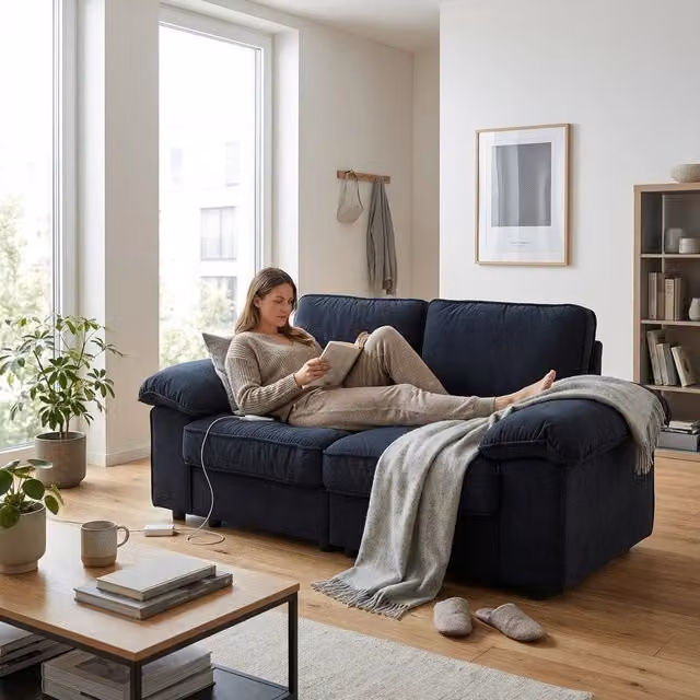 Divano 2 posti con contenitore ¨C Minimal ¨C Tessuto, struttura in legno, nero