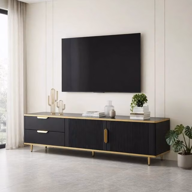 Cassettiera per TV nera; in MDF e truciolare; lunghezza 170 cm