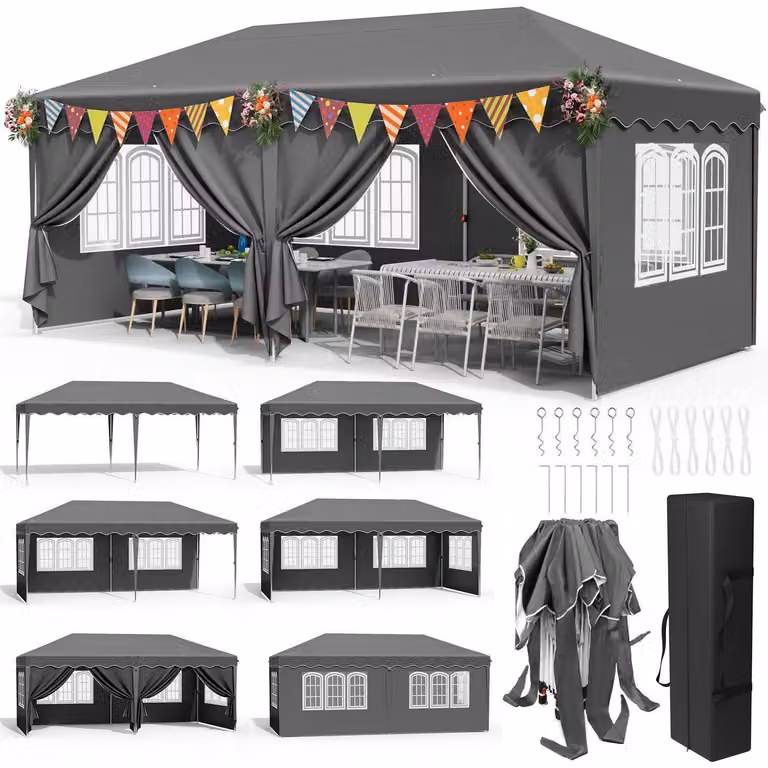 Gazebo da esterno 3x6 metri, colore grigio, impermeabile, con protezione UV 50+, realizzato in tessuto Oxford 420D, dotato di 6 pannelli laterali e con altezza regolabile