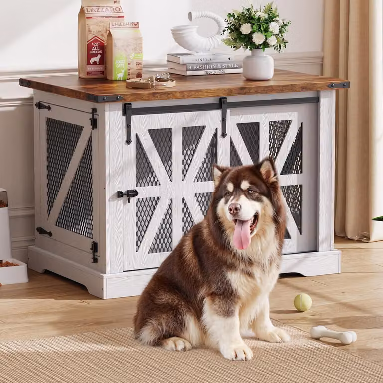 Gabbia per cani da 110 cm, contenitore per cani con tre porte, porta scorrevole, legno e rete metallica, colore bianco, dimensioni 110x74x81 cm