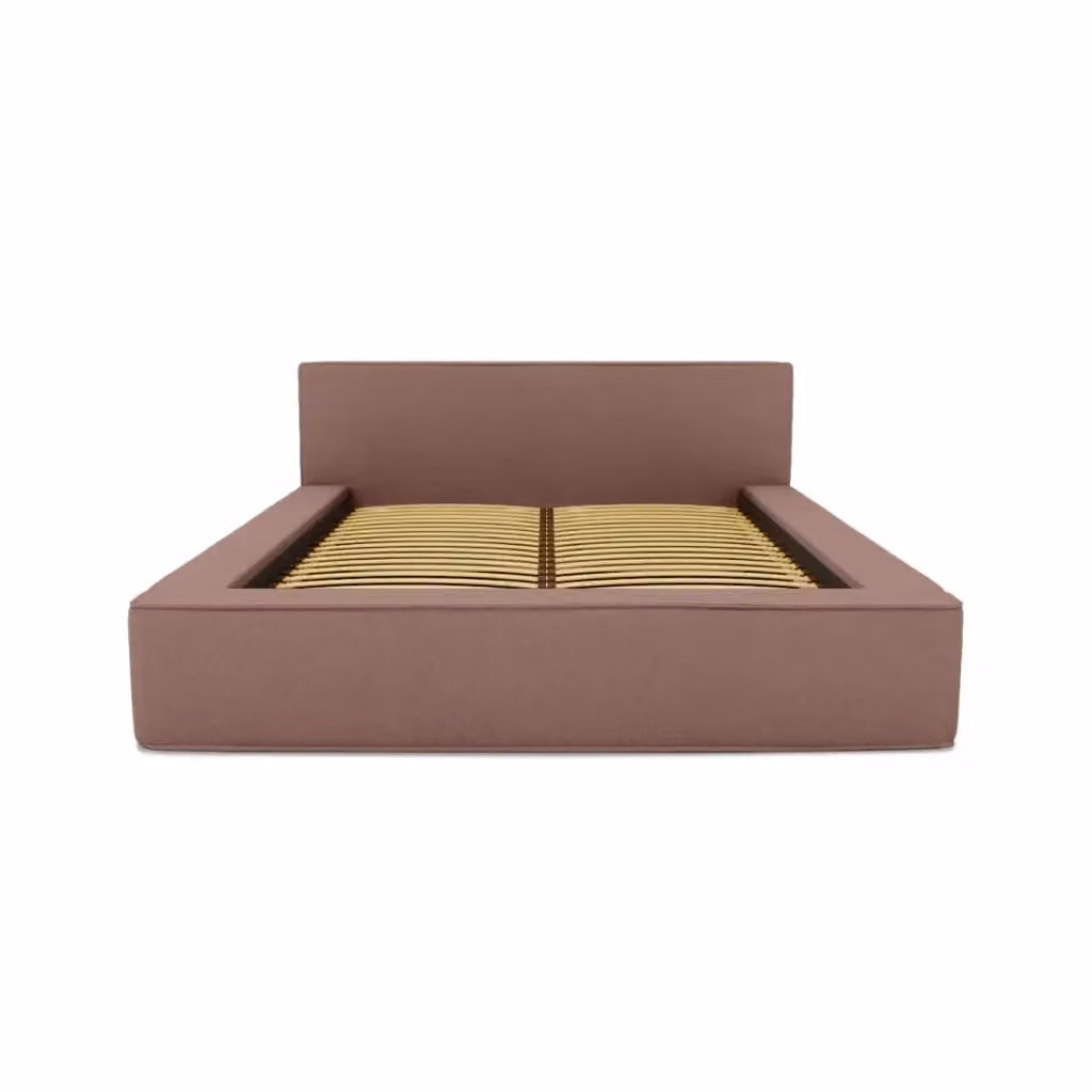 Letto con contenitore VELORA Meublorama in tessuto bouclé e velluto color terracotta, con rete sollevabile e spazio di stoccaggio integrato, L/P: 180 x 200 cm – 2