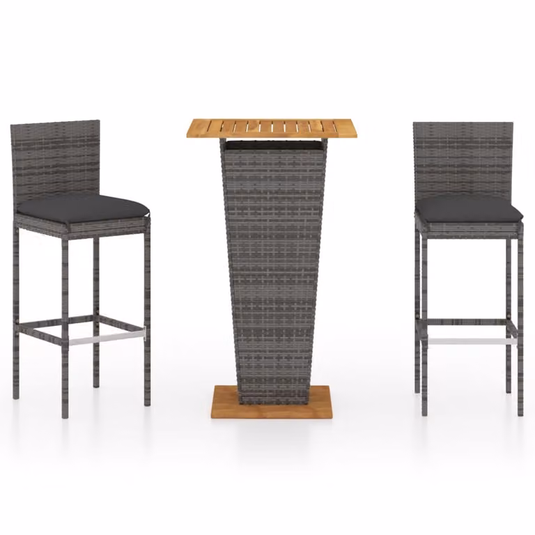 Set Bar da Giardino 3 pz con Cuscini in Polyrattan Grigio