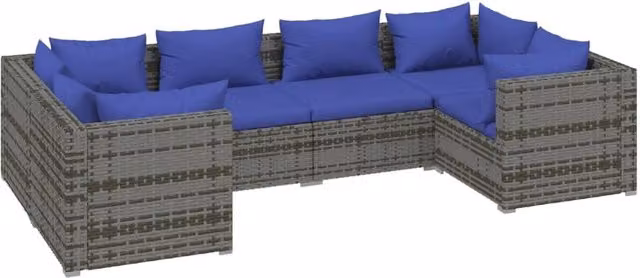 Set di mobili da giardino Outsunny composto da 6 pezzi con design moderno a forma di L, realizzato in resina intrecciata e metallo con cuscini blu e grigi inclusi