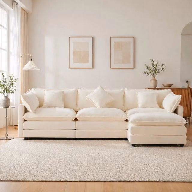 Divano angolare 3 posti 283x147 cm in ciniglia beige con pouf HOMVRA