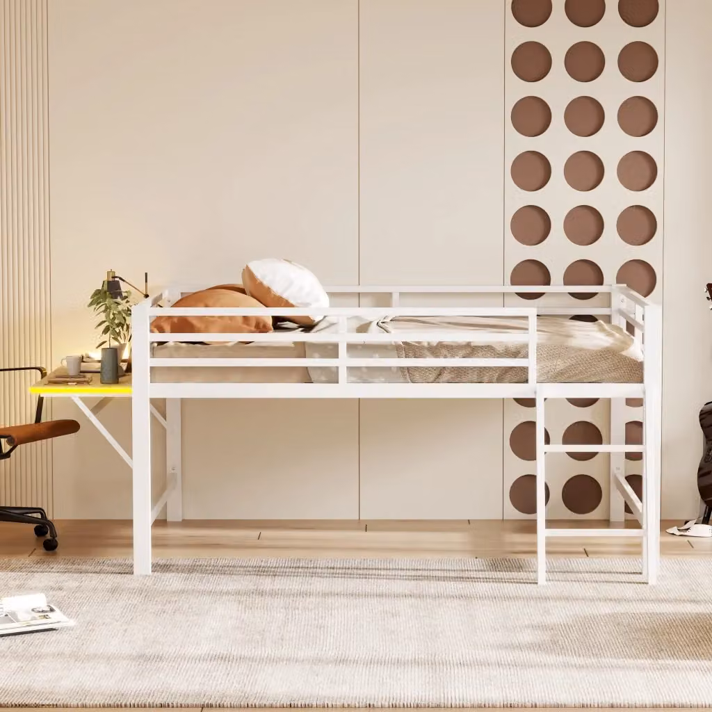 Letto a soppalco matrimoniale in metallo bianco con scala, scrivania pieghevole, illuminazione LED e barriere di sicurezza, L/P/H: 200 x 140 x 176 cm – 2