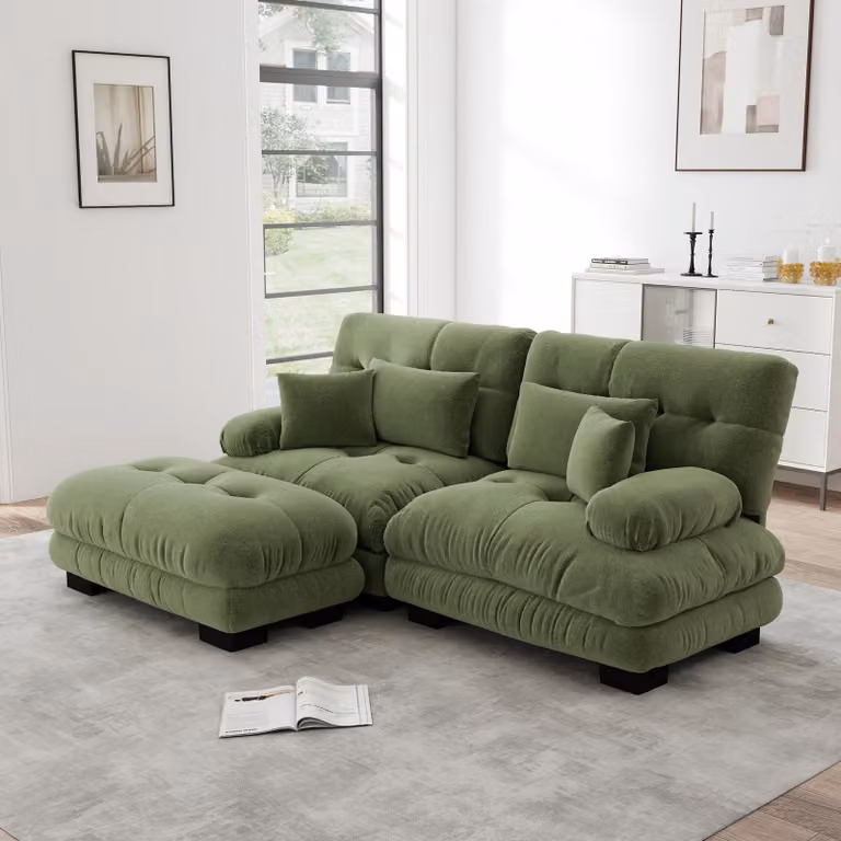 Divano angolare imbottito, tessuto in chenille, 2 cuscini lombari, 2 cuscini decorativi, braccioli ampi, poggiapiedi (verde)