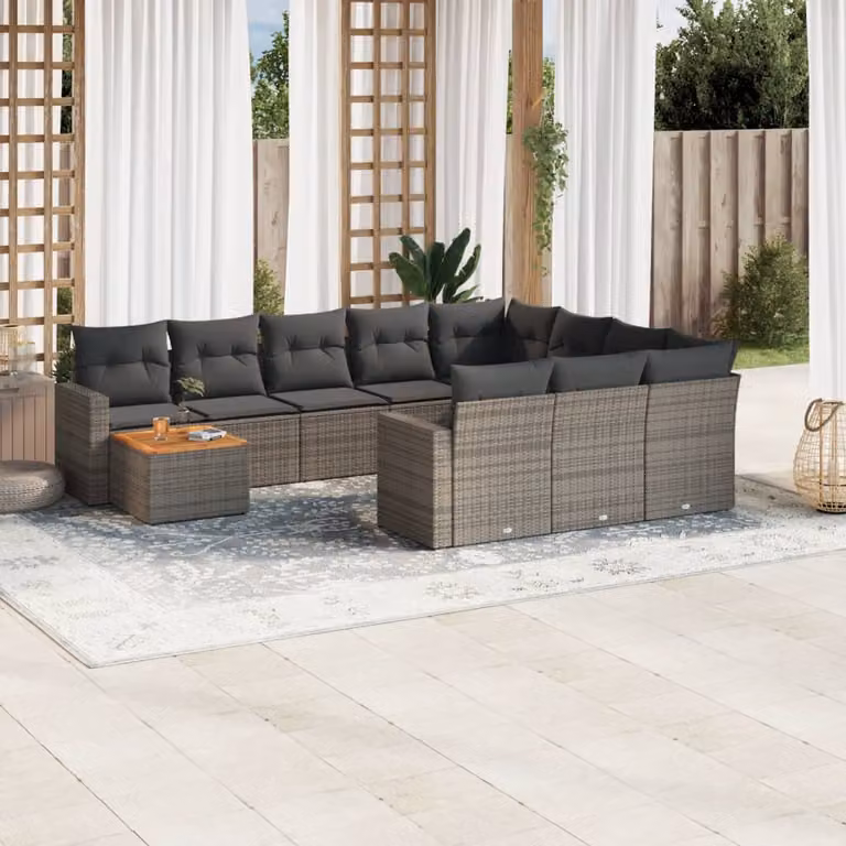 vidaXL Set Divani da Giardino a L 11 pz in Polyrattan Grigio con Cuscini e Tavolino
