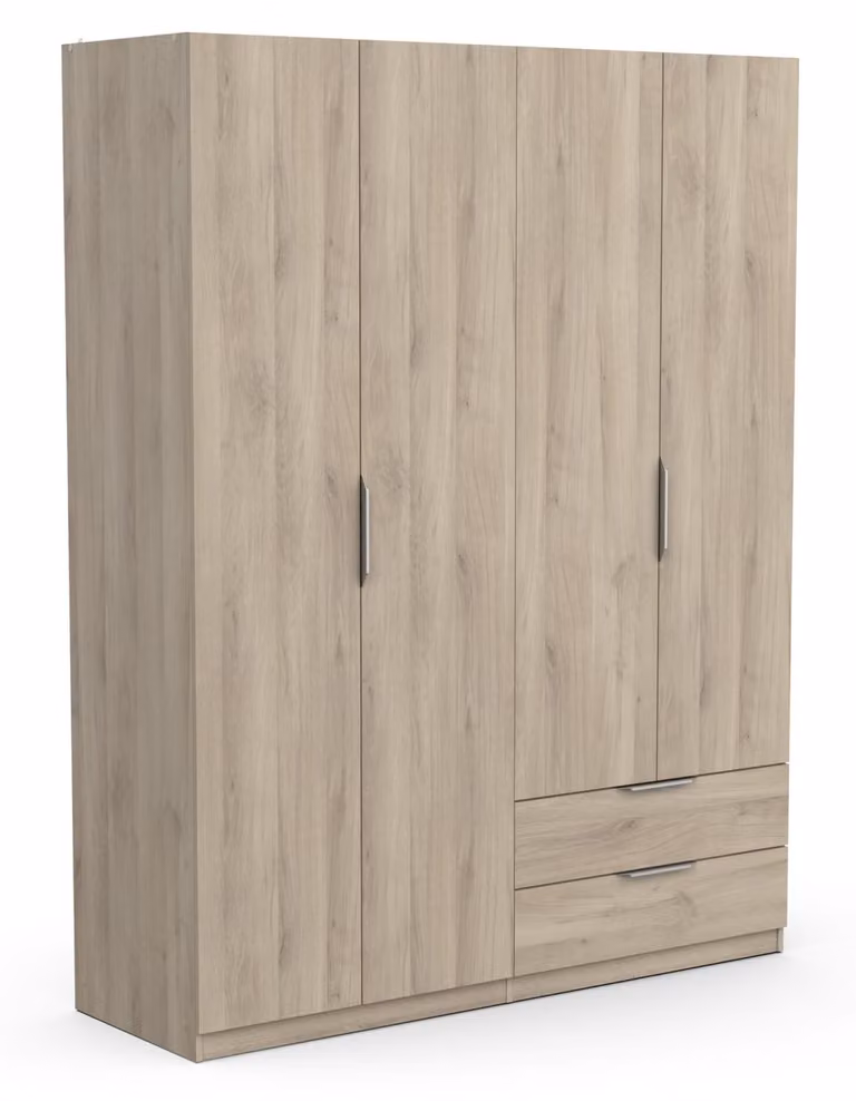Armadio a 4 ante, 5 ripiani, 2 cassetti, finitura effetto legno di quercia, dimensioni 157,3 x 51,1 x 203 cm