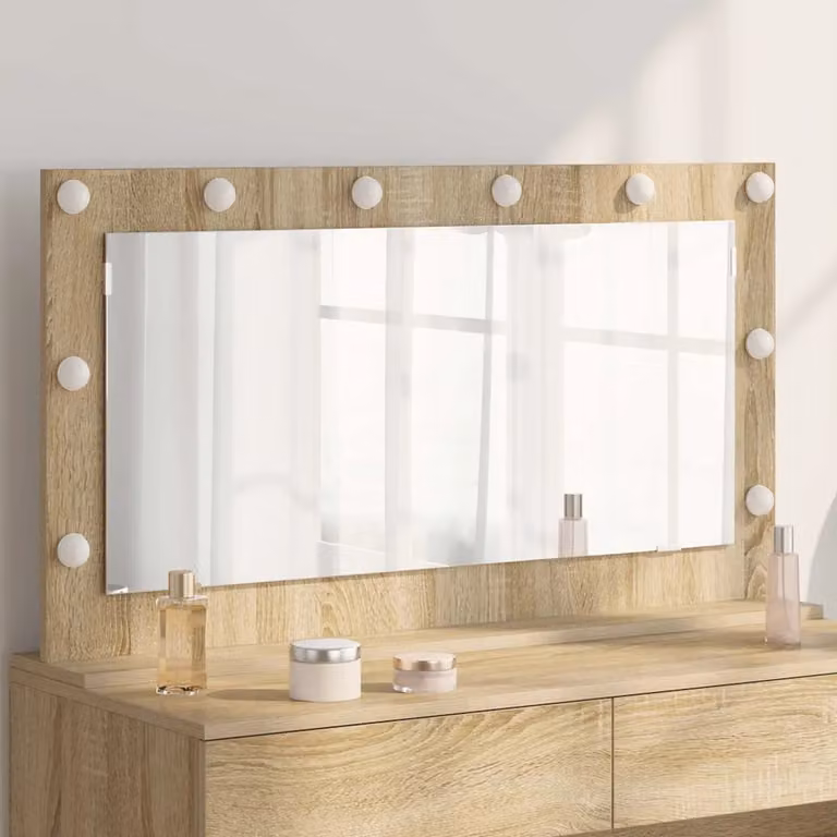 Specchio da vanità moderno vidaXL con luce LED e porta USB, rettangolare, colore marrone, L: 100 cm, P: 55 cm, H: 18 cm