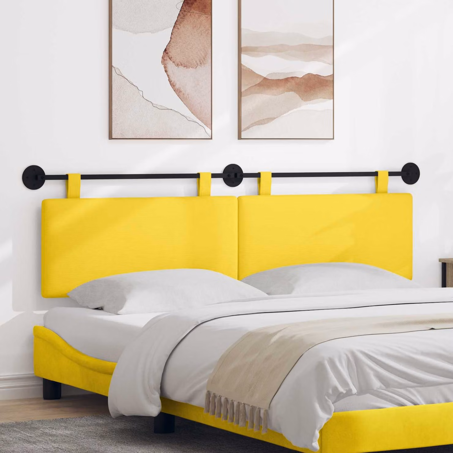 Testiera sospesa vidaXL in tessuto cord giallo chiaro con pannello imbottito e struttura in legno e metallo L 170 x H 55 x P 7,6 cm