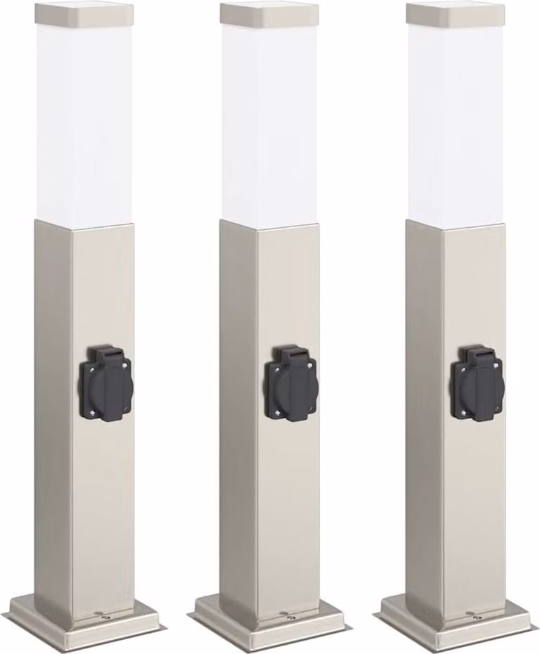 Lampioni a palo con presa elettrica 3 pz 50 cm Acciaio Inox IP44