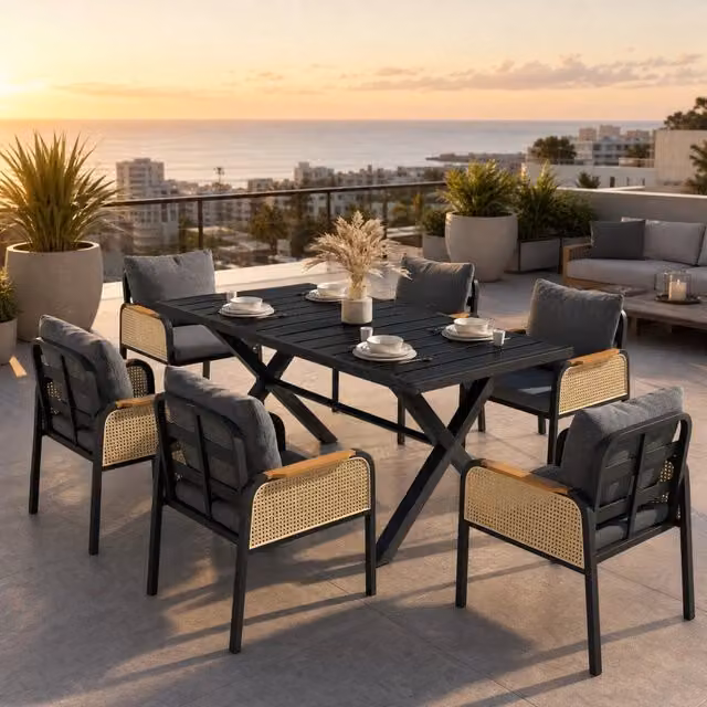 Set da pranzo da giardino per 6 persone con tavolo 148x80x75 cm e sedie in nero e naturale