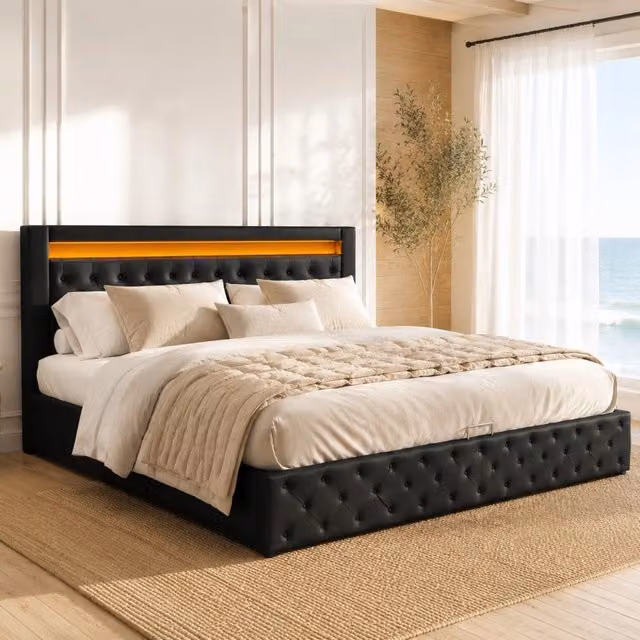 Letto imbottito matrimoniale 180 × 200 cm con contenitore rete a doghe testiera LED in PU nero con telecomando