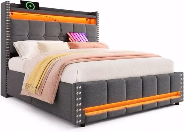Letto matrimoniale imbottito 140x200 cm con LED; USB; cassetti e testiera con ripiani; grigio