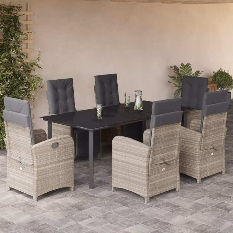 Set da pranzo da giardino vidaXL in polyrattan con cuscini, 7 pezzi, grigio chiaro e nero