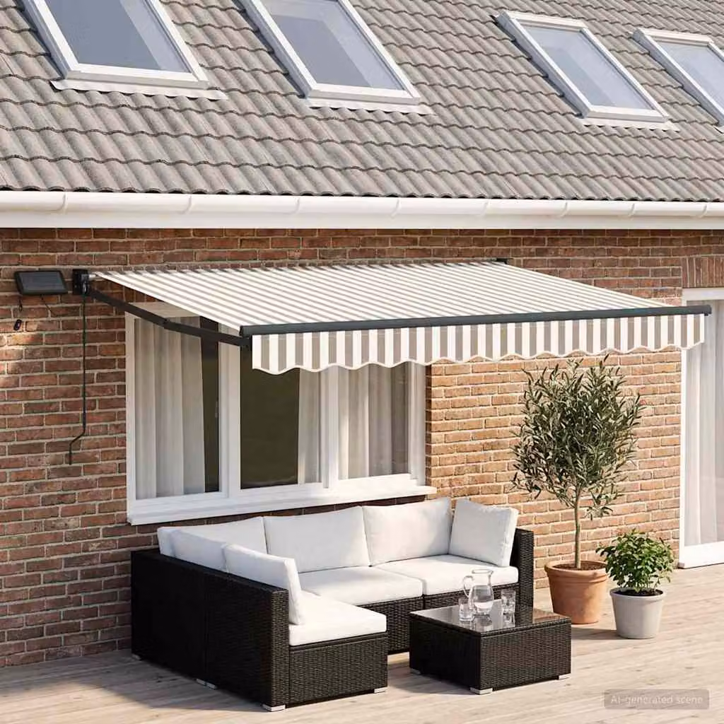 Tenda retrattile manuale con LED vidaXL in poliestere, colori grigio e bianco, montaggio a parete con manovella