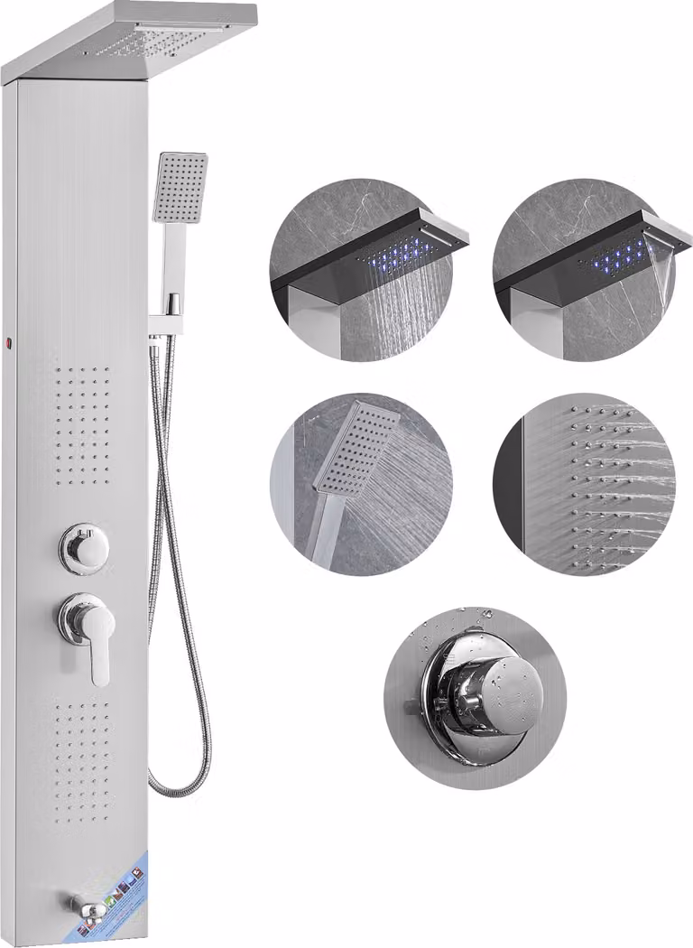 Sistema di pannelli doccia VEVOR, 5 modalità di doccia, torre di pannelli doccia a LED, pioggia, cascata, 2 getti massaggianti per il corpo, bocca da bagno, doccetta con tubo flessibile da 59 pollici, set doccia a muro in acciaio inox