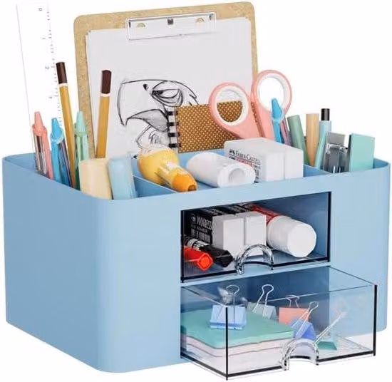 Organizer da scrivania con cassetti, tappetino da scrivania multifunzionale con 7 scomparti, 2 cassetti, organizer da scrivania e accessori (2 cassetti blu)