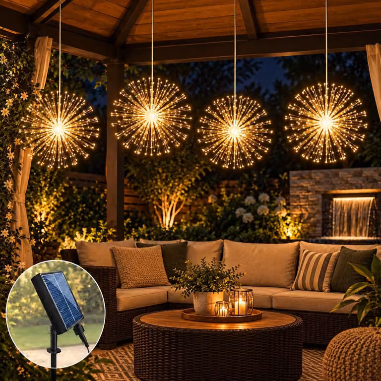 Catena luminosa solare, 360 LED, 4 luci a forma di fuochi d'artificio, luce bianca calda