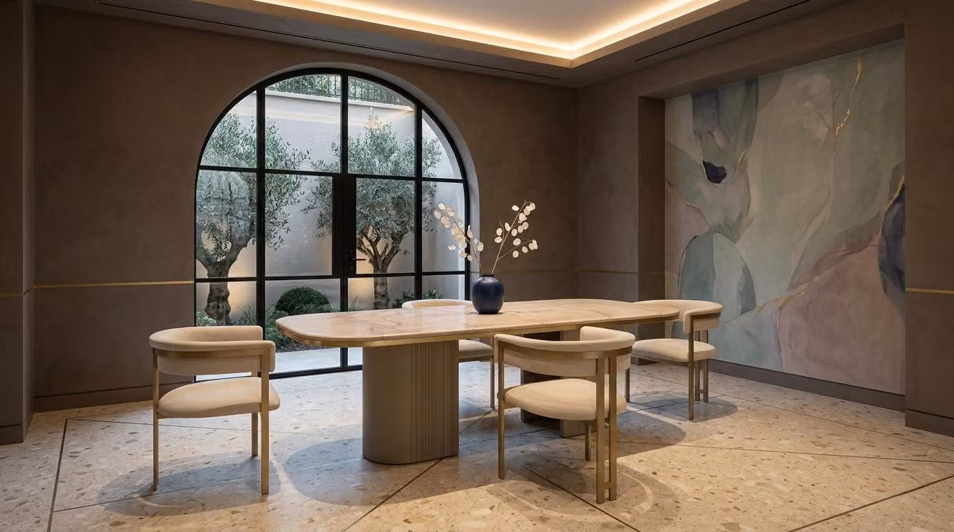 Set da pranzo beige: tavolo da pranzo in legno, sedie, mobili da pranzo moderni