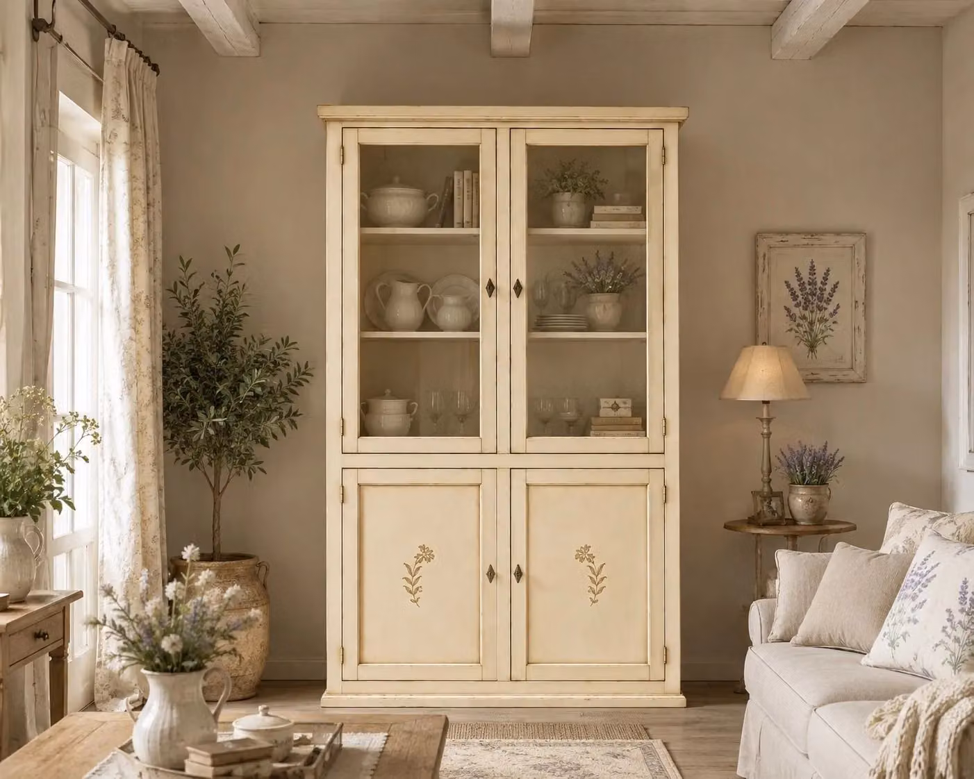 Vetrina 4 ante in legno shabby chic avorio anticato decorata con ante in vetro Mobili 2G L: 120 cm, P: 41 cm, H: 187 cm – 2