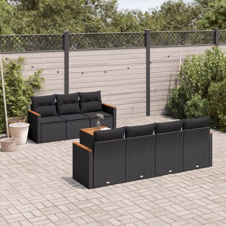 Set di divani da giardino vidaXL in polyrattan nero con cuscini e tavolino da esterno 8 pz
